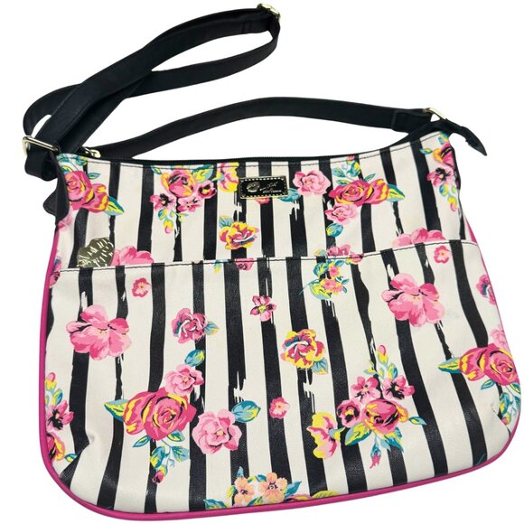 LUV Betsey Johnson Floral Black White Striped Crossbody Bag Excellent - Picture 2 of 8
